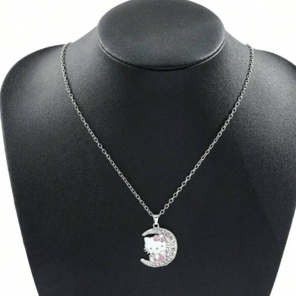 Hello Kitty Crescent Moon Necklace Silver Rhinestones Pink Bow Dress - Picture 3 of 5